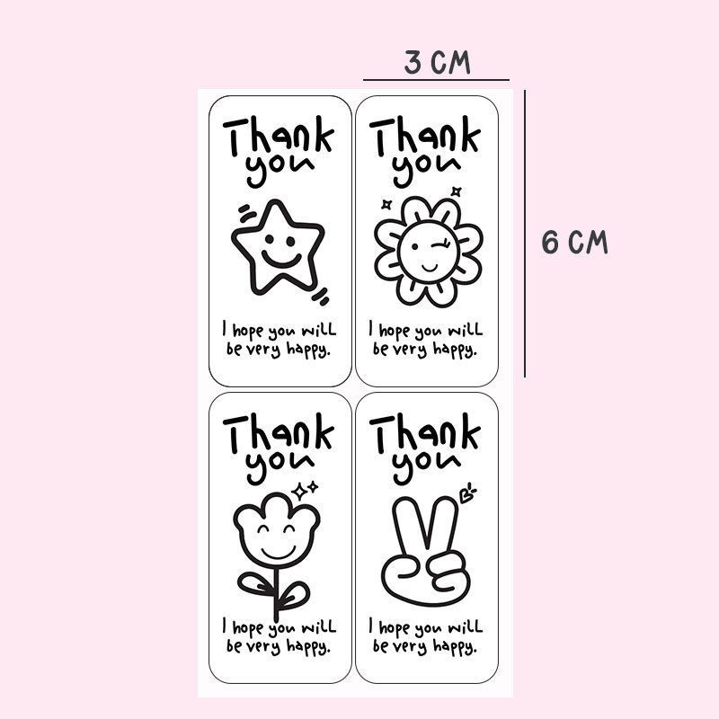 100 Tem hoạt hình Thank you đen trắng, màu sắc TE22 dán hộp đóng hàng niêm phong bao bì