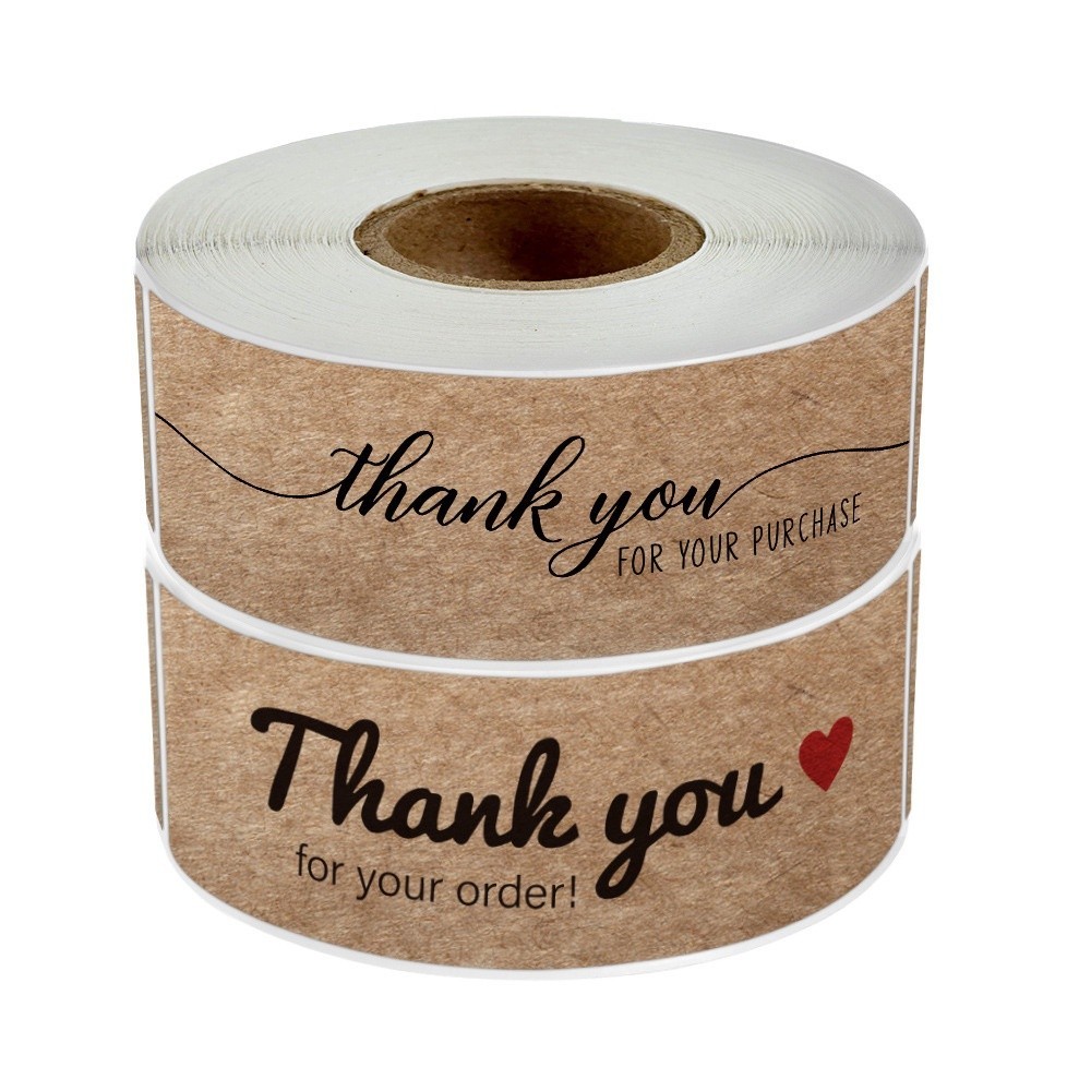 Cuộn 120 TE29 sticker Thank you màu kraft , tem dán chữ nhật in mẫu cảm ơn trang trí bao bì quà tặng