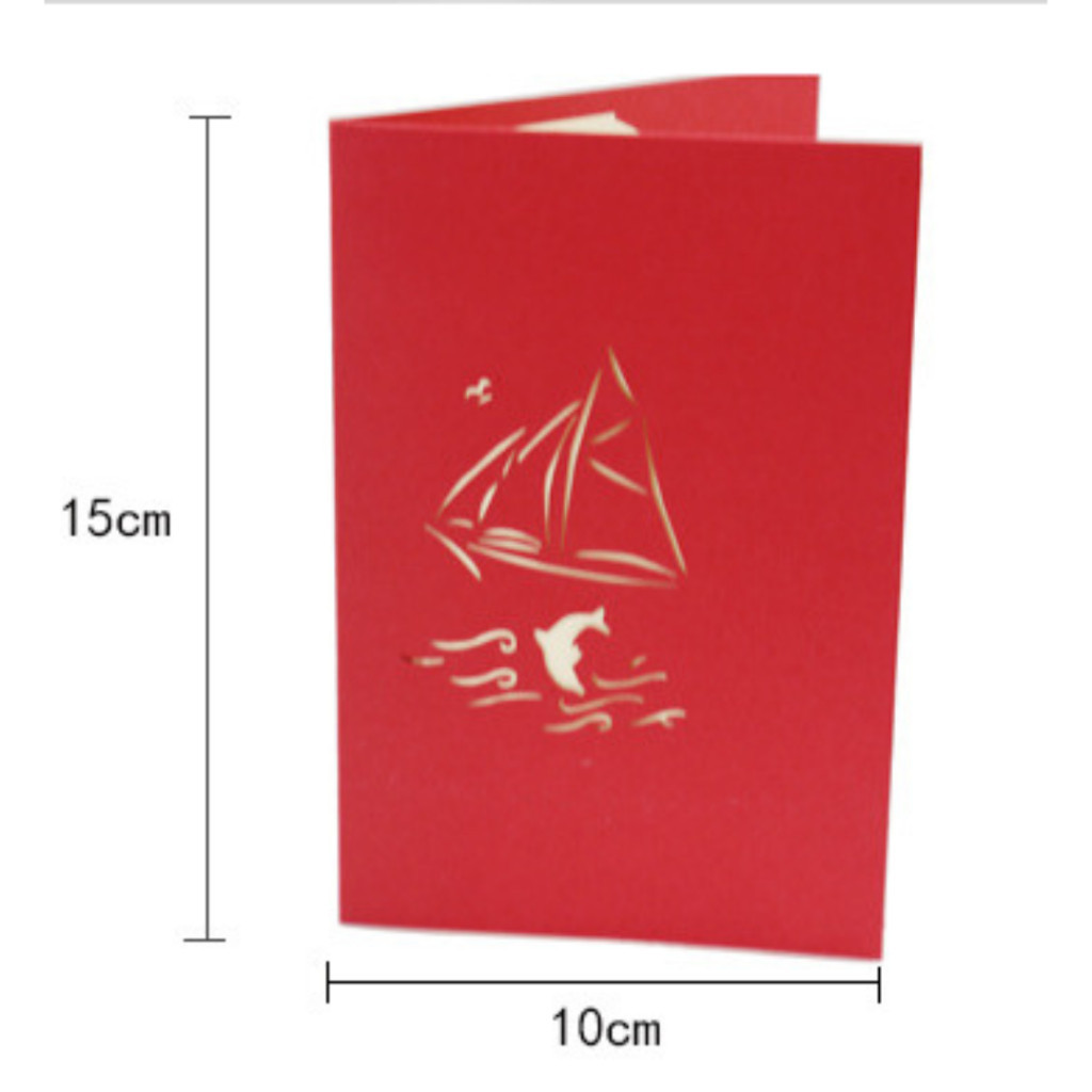 Thiệp chúc mừng 2 màu xanh đỏ  3D dạng pop up ý nghĩa Thuận buồm xuôi gió bưu thiếp hình nổi