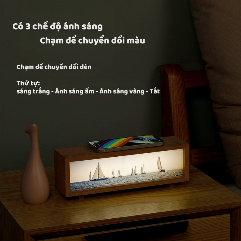 Đèn ngủ hộp gỗ cảm ứng kiêm sạc điện thoại không dây tranh Tuần Lộc Quà Giáng Sinh