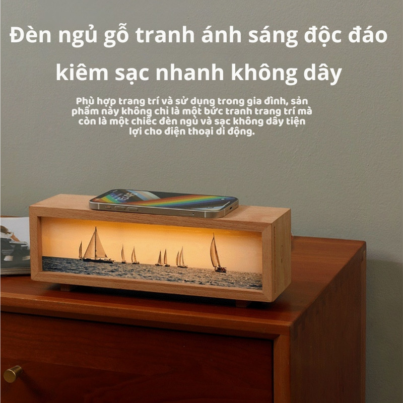 Đèn ngủ hộp gỗ cảm ứng kiêm sạc điện thoại không dây tranh Tuần Lộc Quà Giáng Sinh