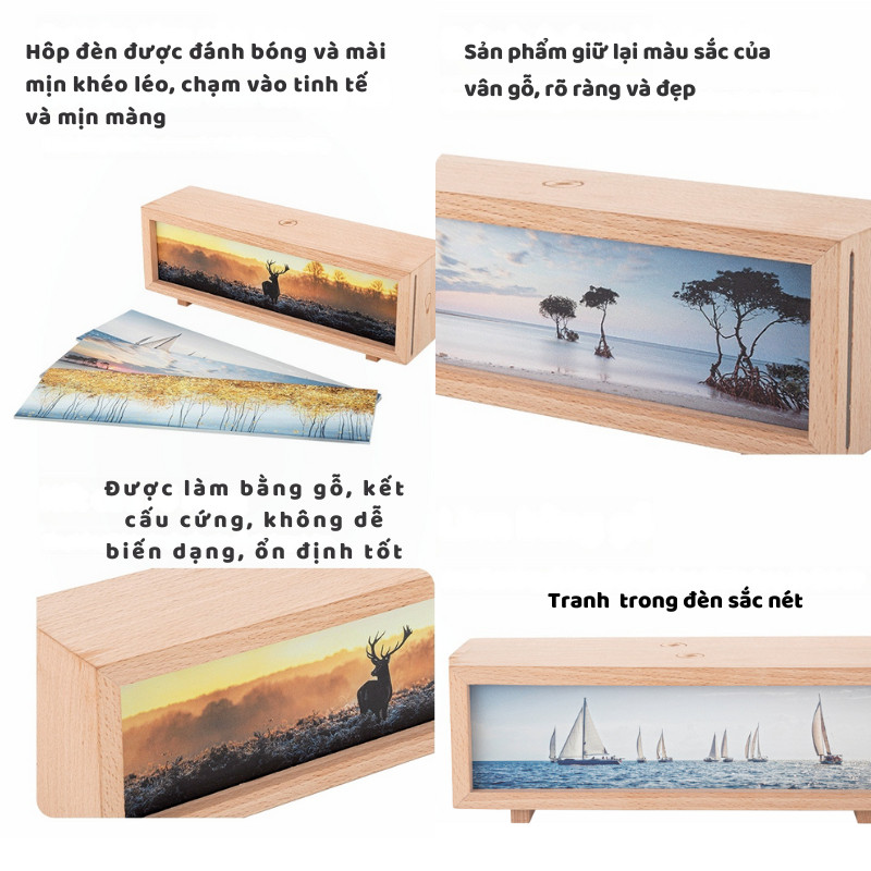 Đèn ngủ hộp gỗ cảm ứng kiêm sạc điện thoại không dây tranh Tuần Lộc Quà Giáng Sinh