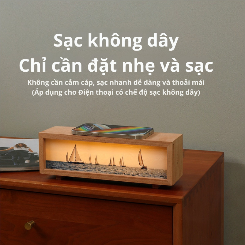 Đèn ngủ hộp gỗ cảm ứng kiêm sạc điện thoại không dây tranh Tuần Lộc Quà Giáng Sinh