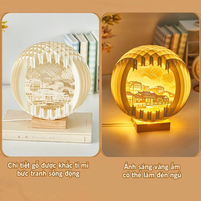 Đèn tranh gỗ 3D khắc nghệ thuật - quả cầu gỗ led đèn ngủ ánh sáng vàng ấm độc đáo