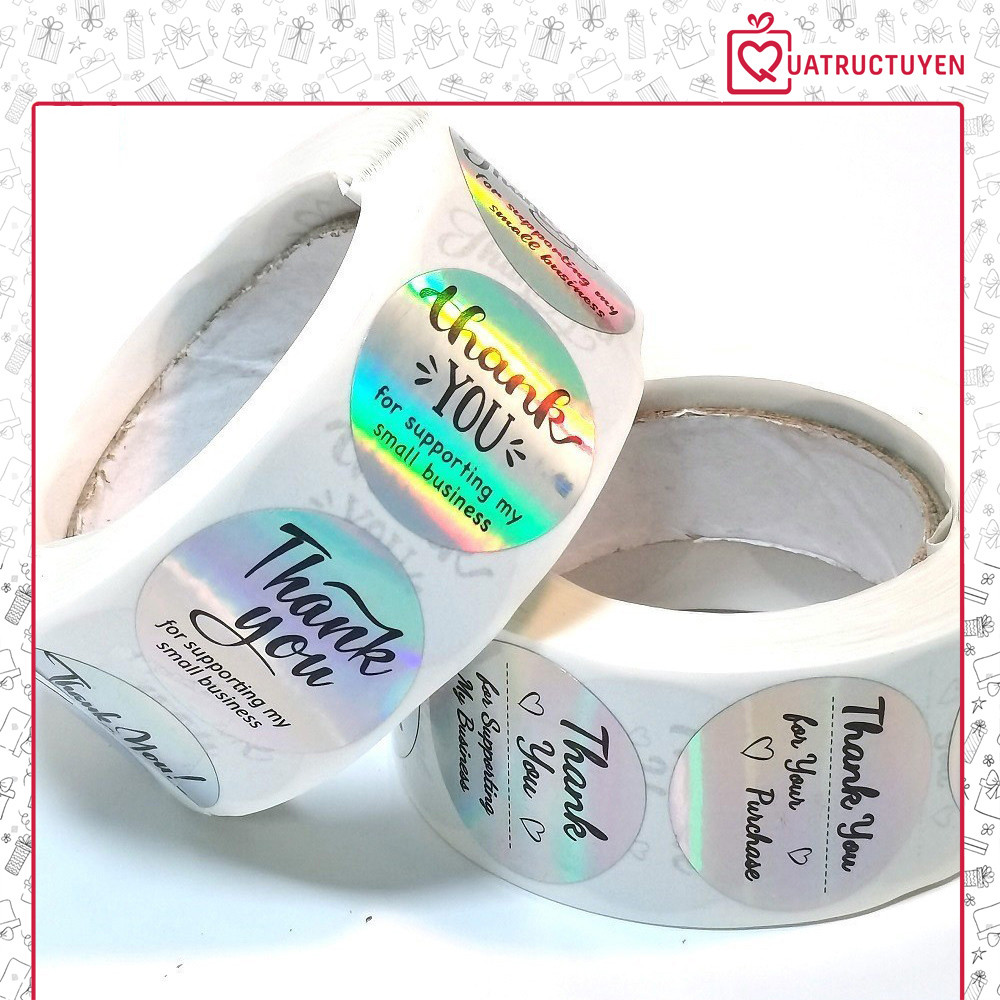 Nhãn dán cảm ơn bóng TE56 Set 500 tem sticker Thank you tròn niêm phong hộp quà, túi đựng Hologram