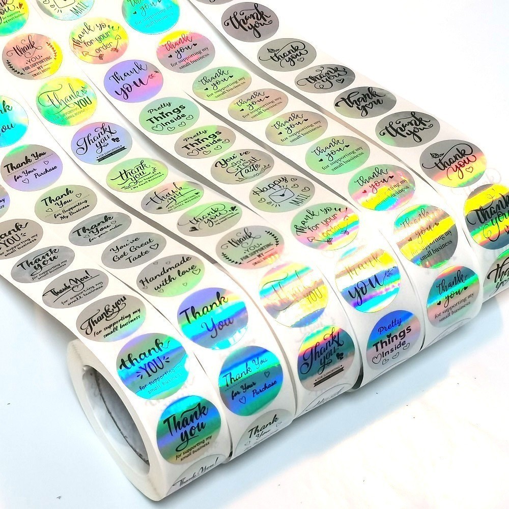 Nhãn dán cảm ơn bóng TE56 Set 500 tem sticker Thank you tròn niêm phong hộp quà, túi đựng Hologram