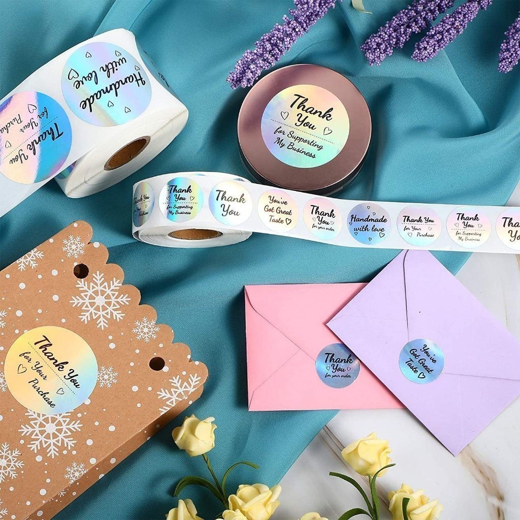 Nhãn dán cảm ơn bóng TE56 Set 500 tem sticker Thank you tròn niêm phong hộp quà, túi đựng Hologram