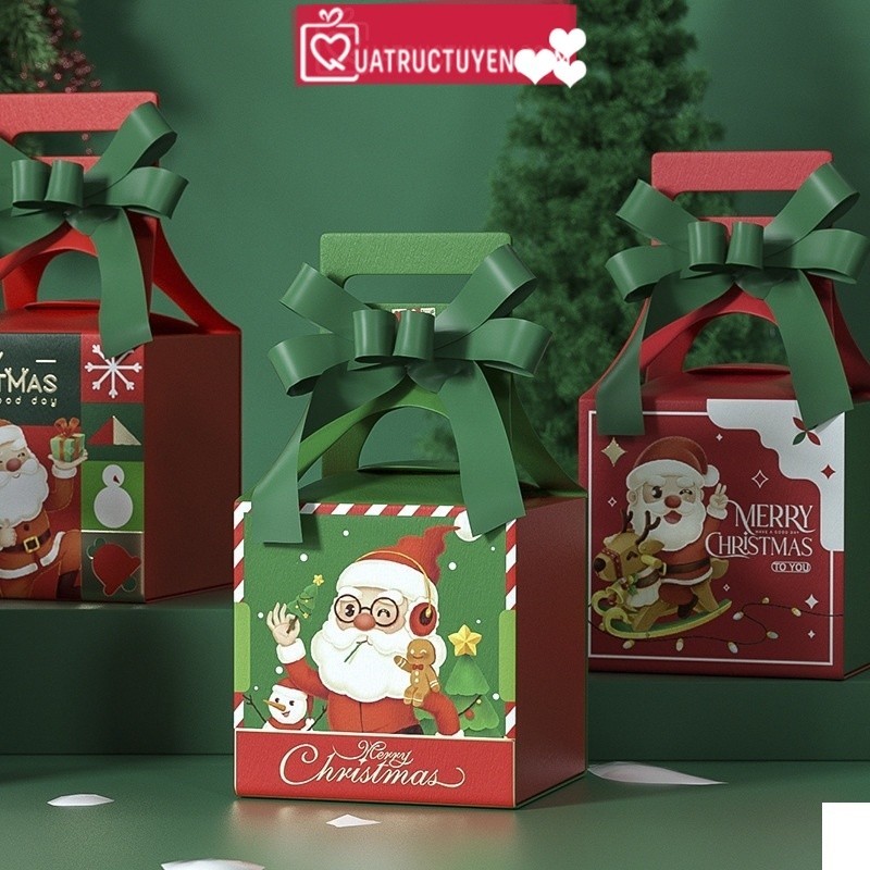 Hộp quà Giáng sinh vuông 10cm quai xách H31 hộp giấy trang trí Noel có quai cầm dễ thương