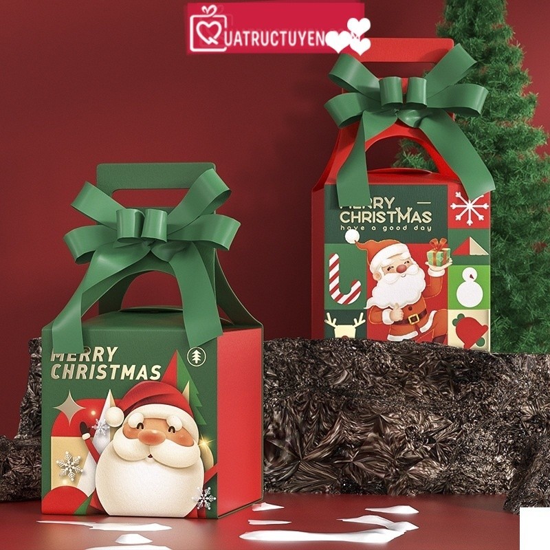 Hộp quà Giáng sinh vuông 10cm quai xách H31 hộp giấy trang trí Noel có quai cầm dễ thương