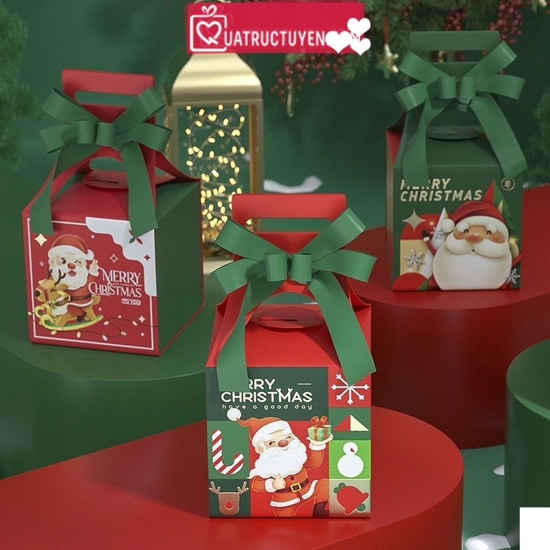 Hộp quà Giáng sinh vuông 10cm quai xách H31 hộp giấy trang trí Noel có quai cầm dễ thương