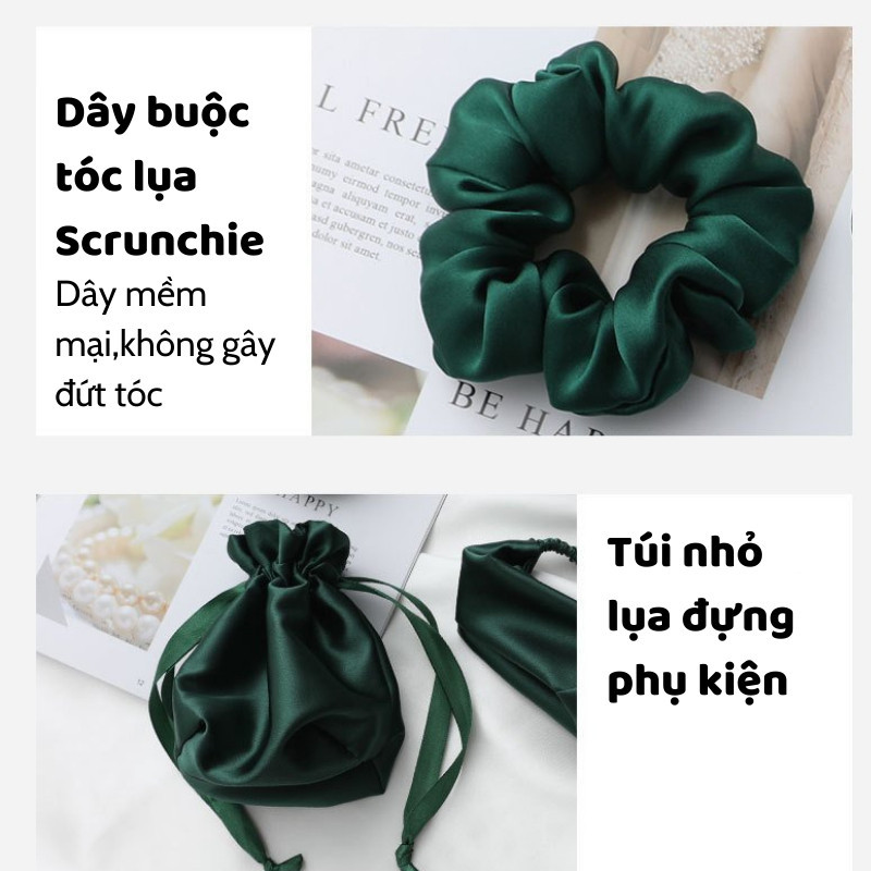 Set 4 món buộc tóc-bịt mắt vải lụa cao cấp kèm túi rút đựng mang du lịch tiện lơi, quà tặng bạn bè