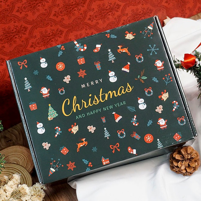 Hộp quà to nắp gài giáng sinh kèm rơm 20x25x8cm H30 cứng cáp, hộp đựng quà Noel họa tiết in đẹp mắt