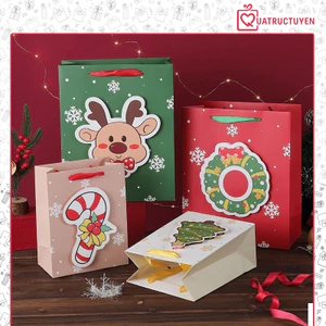 Túi giấy đựng quà họa tiết Giáng sinh dán nổi TU09 hình tuần lộc ông Già noel dày dặn