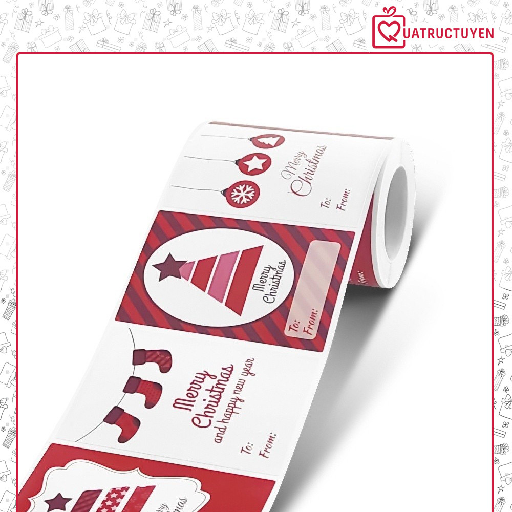 Cuộn 250 tem dán Giáng sinh TE41 decal quà tặng 5*7.5cm nền trắng đỏ From To ghi tên người gửi/ nhận