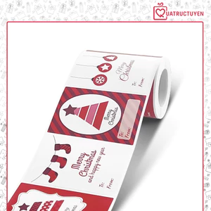 Cuộn 250 tem dán Giáng sinh TE41 decal quà tặng 5*7.5cm nền trắng đỏ From To ghi tên người gửi/ nhận