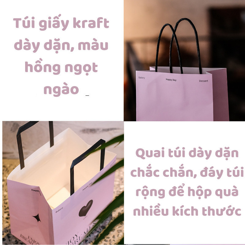 [Combo 3]Túi giấy kraft đựng quà màu hồng in trái tim quai xách đen TU28 đựng hộp bánh, kẹo,quà tặng hanmade