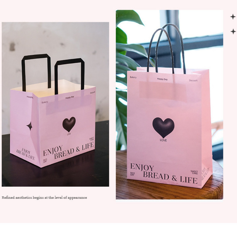 [Combo 3]Túi giấy kraft đựng quà màu hồng in trái tim quai xách đen TU28 đựng hộp bánh, kẹo,quà tặng hanmade