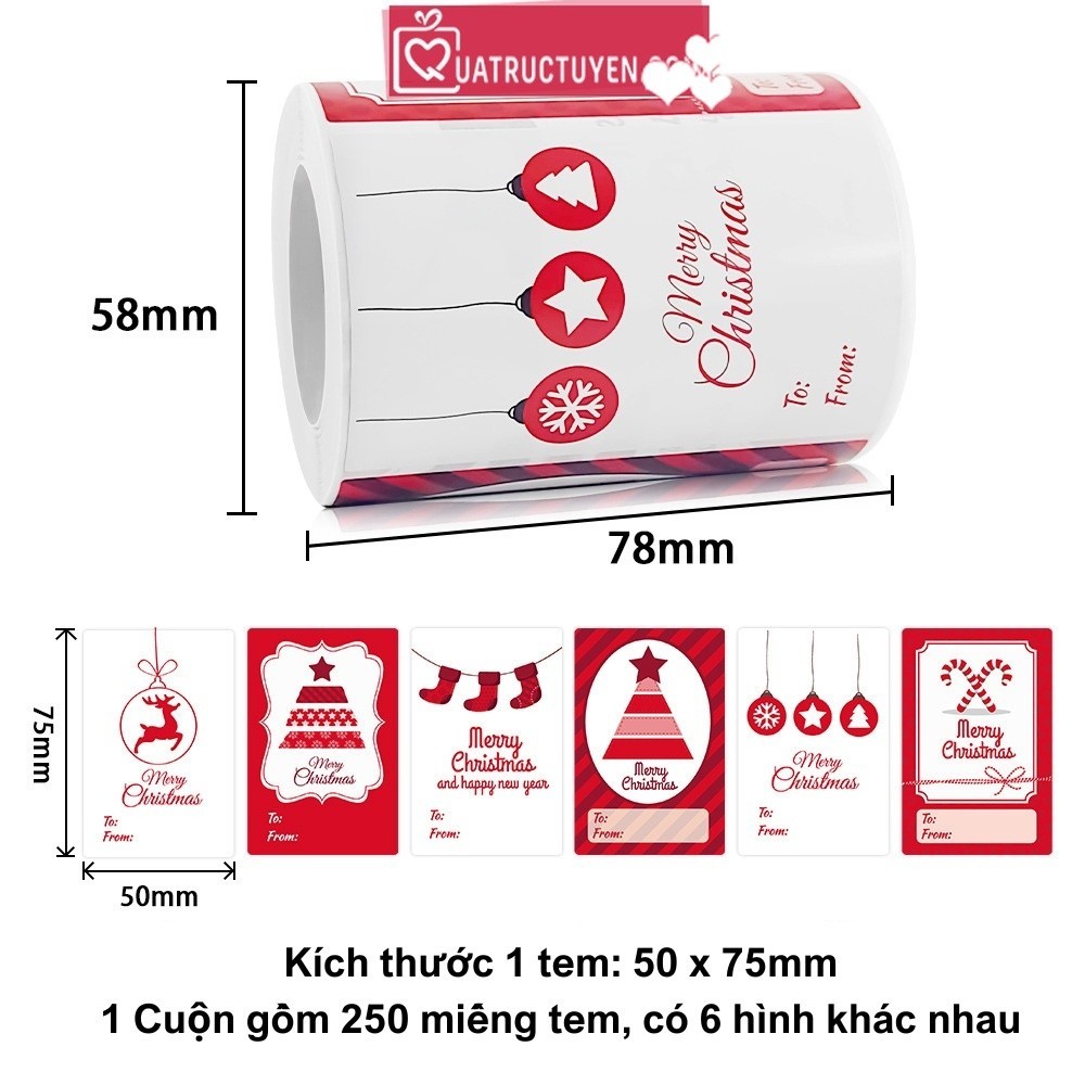 Cuộn 250 tem dán Giáng sinh TE41 decal quà tặng 5*7.5cm nền trắng đỏ From To ghi tên người gửi/ nhận