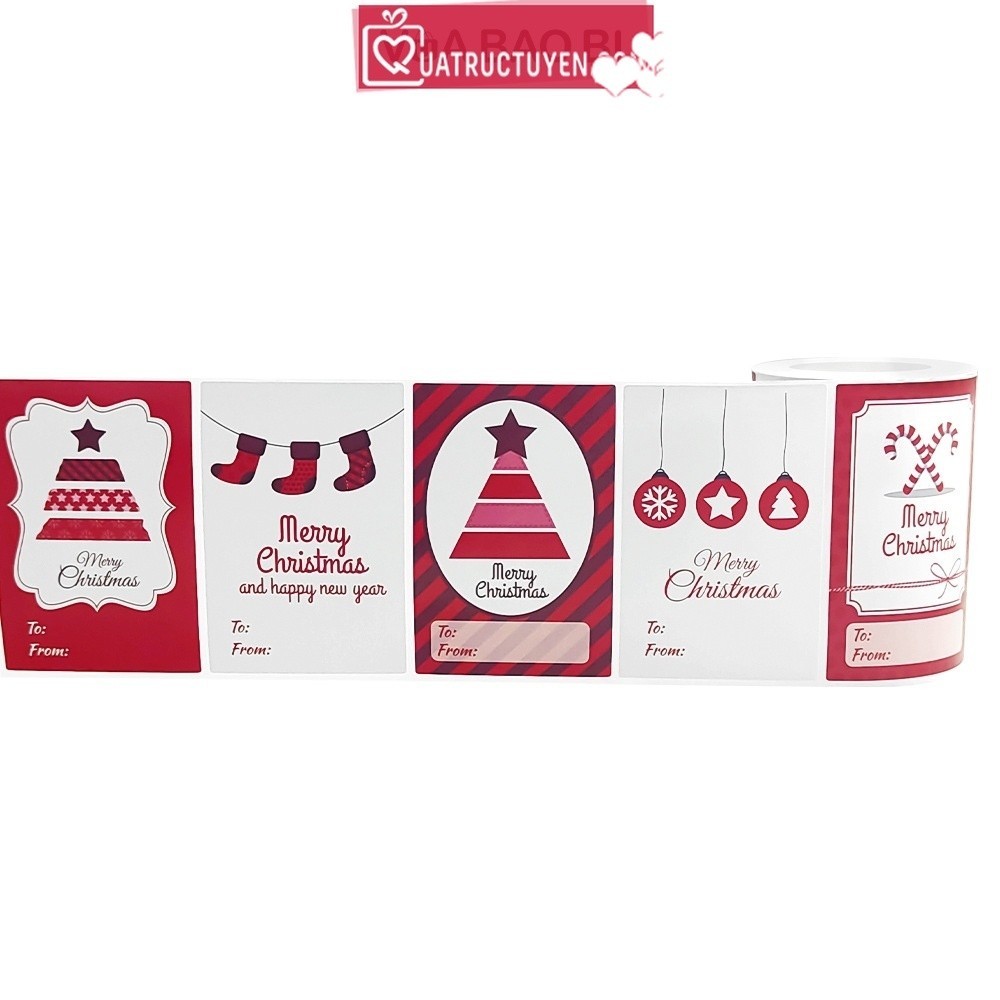 Cuộn 250 tem dán Giáng sinh TE41 decal quà tặng 5*7.5cm nền trắng đỏ From To ghi tên người gửi/ nhận