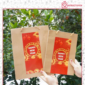 Hộp túi đựng quà trang trí mẫu Tết màu kraft 20x25x8cm, đựng quà tặng năm mới giấy xi măng nắp gài
