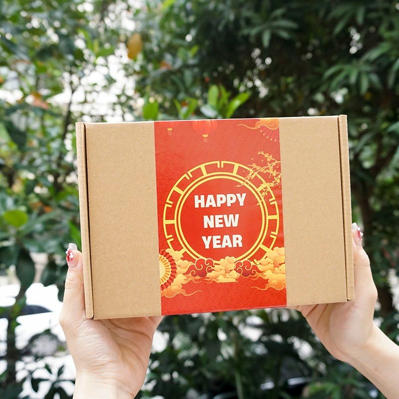 Hộp túi đựng quà trang trí mẫu Tết màu kraft 20x25x8cm, đựng quà tặng năm mới giấy xi măng nắp gài