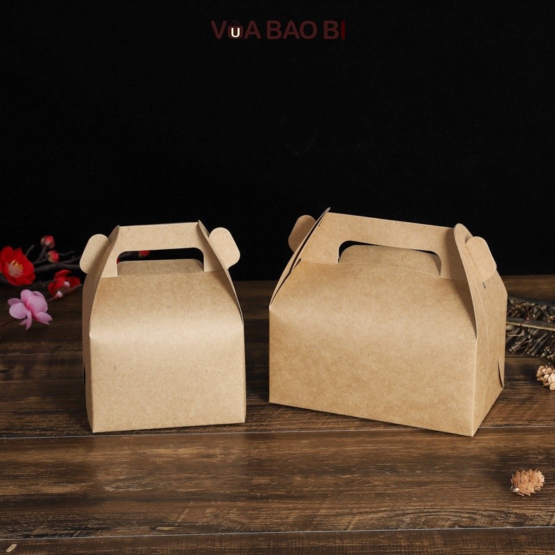 [Combo 3]Hộp kèm rơm lót giấy kraft có quai cầm tay H28 hộp túi vintage tiện lợi màu nâu - đen