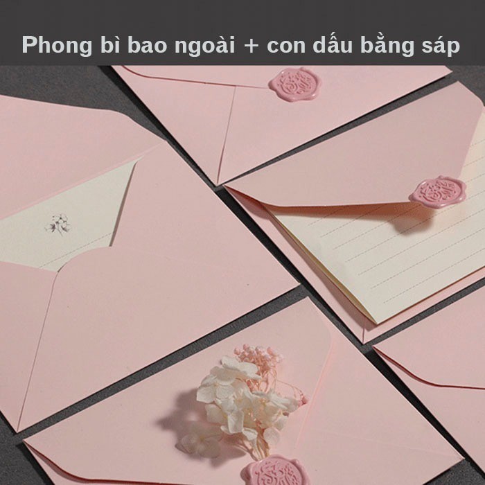 Bao đựng thiệp kèm con dấu niêm phong màu bằng sáp chảy màu hồng TH10, phong bì thiệp pastel