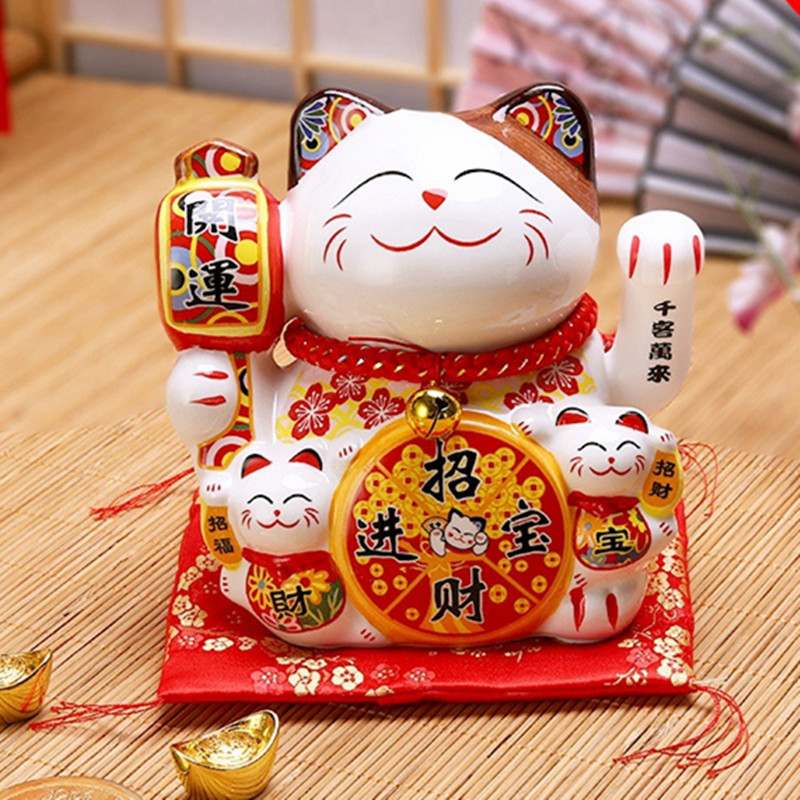 Mèo vẫy tay thần tài Chiêu Phúc Tài Bảo 14cm, mèo may mắn Nhật Bản Maneki Neko