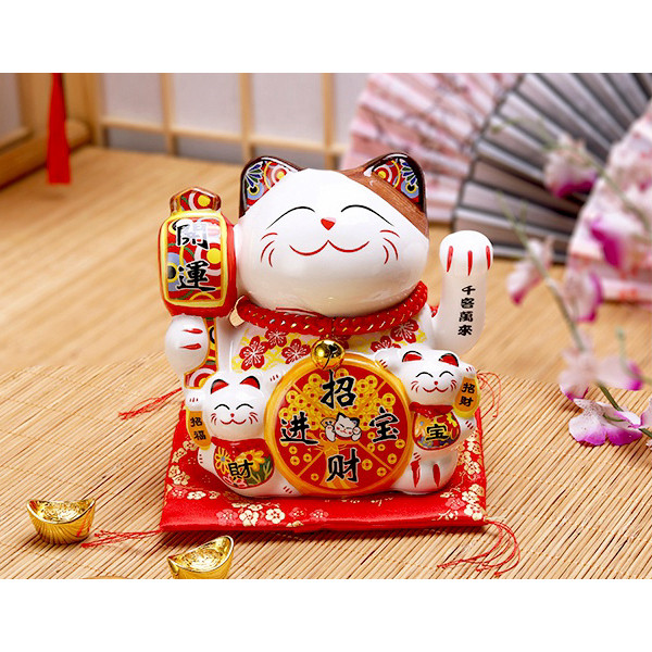Mèo vẫy tay thần tài Chiêu Phúc Tài Bảo 14cm, mèo may mắn Nhật Bản Maneki Neko