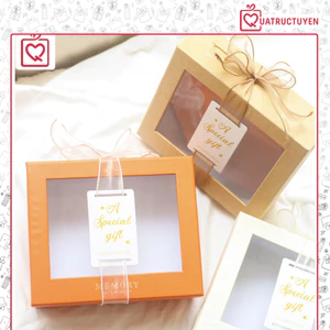 Hộp quà tặng ô kính trong suốt 20x17cm H21 thắt nơ voan + tag sticker giấy sẵn - hộp đựng quà cứng