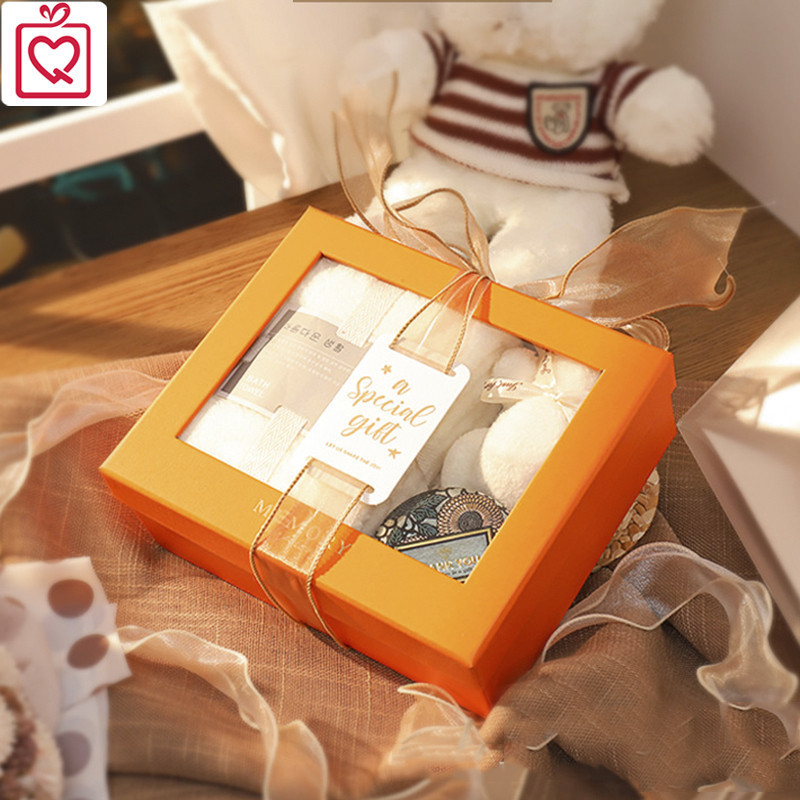 Hộp quà tặng ô kính trong suốt 20x17cm H21 thắt nơ voan + tag sticker giấy sẵn - hộp đựng quà cứng