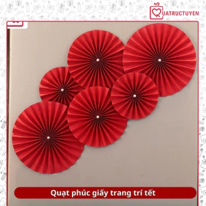 Quạt giấy đỏ đường kính 10-40cm, rẻ quạt giấy gắn ngọc trang trí tết, set quà tặng