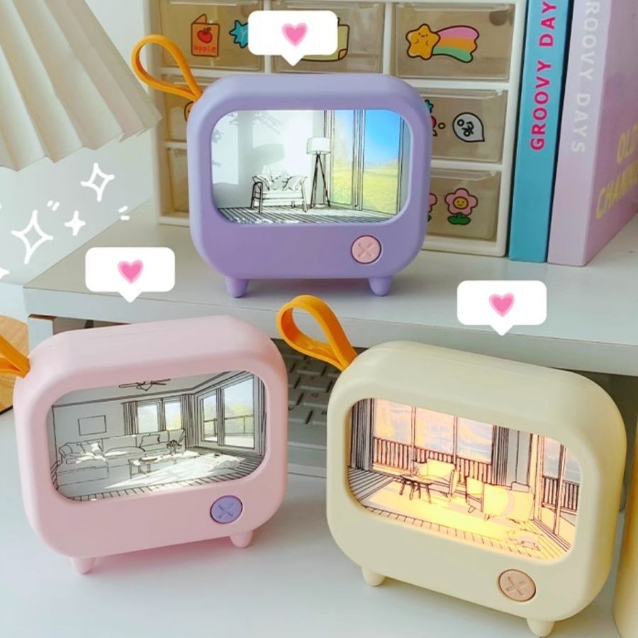 Mô hình tivi tranh phát sáng phong cách anime, đèn hoạ tiết tivi độc đáo, bức tranh yên bình