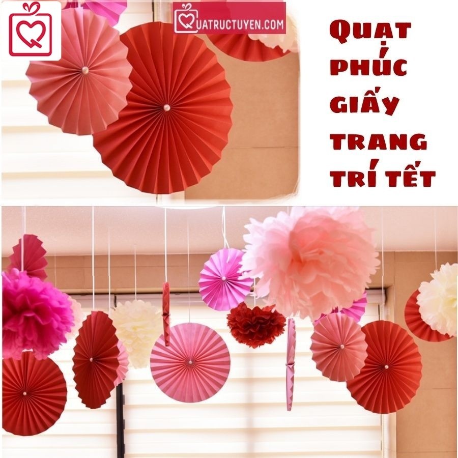 [Combo 3]Quạt giấy đỏ đường kính 10-40cm, rẻ quạt giấy gắn ngọc trang trí tết, set quà tặng