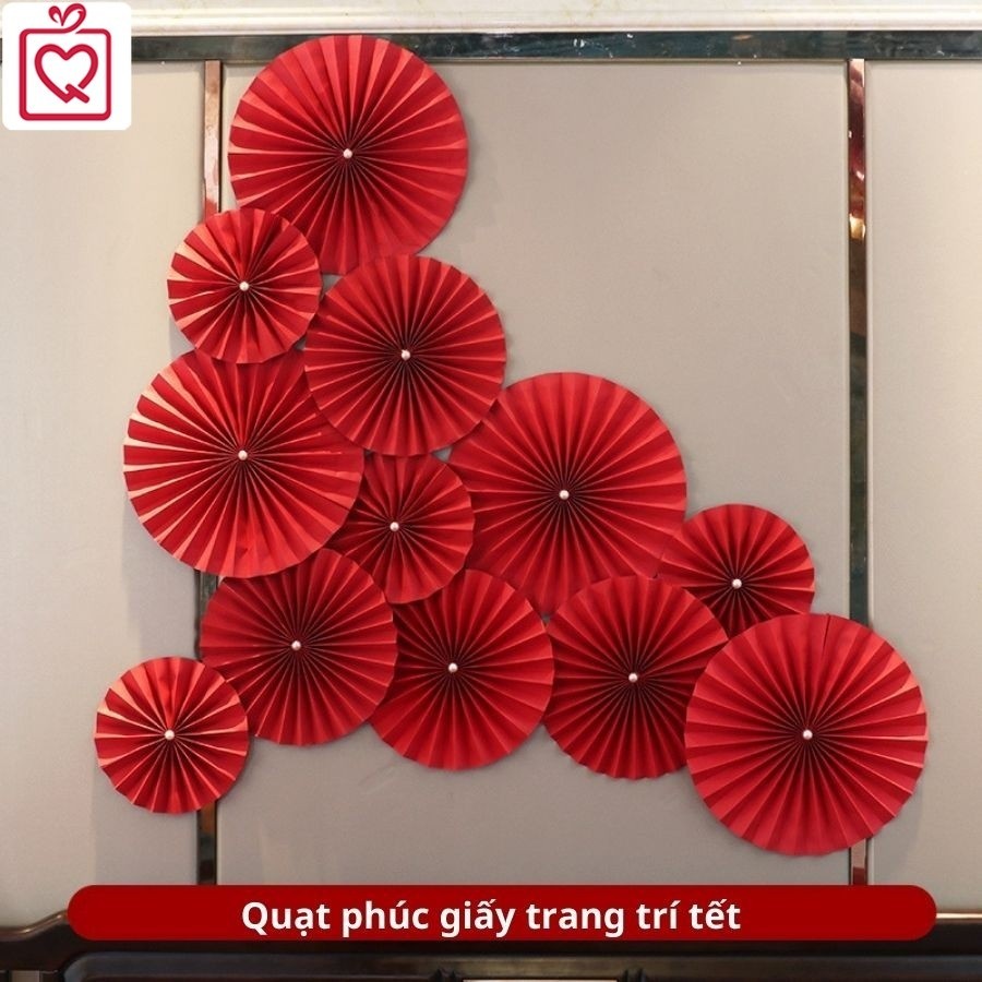 [Combo 3]Quạt giấy đỏ đường kính 10-40cm, rẻ quạt giấy gắn ngọc trang trí tết, set quà tặng