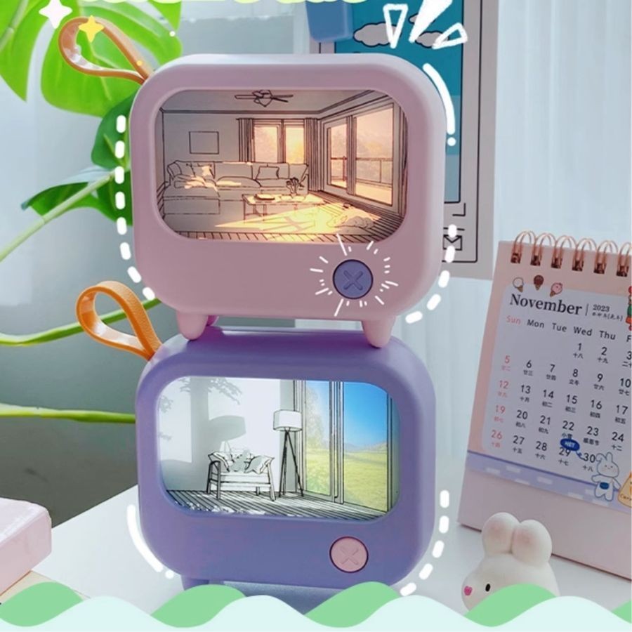 Mô hình tivi tranh phát sáng phong cách anime, đèn hoạ tiết tivi độc đáo, bức tranh yên bình