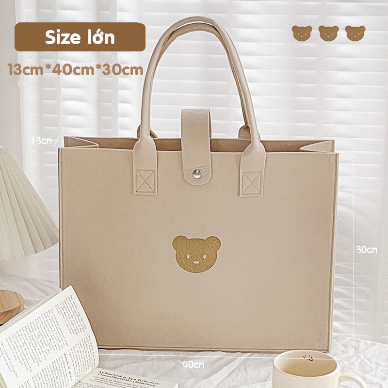 Túi vải quai xách hình Gấu T02 dễ thương, 1 ngăn có khuy bấm thời trang xách đi học, đi chơi du lịch