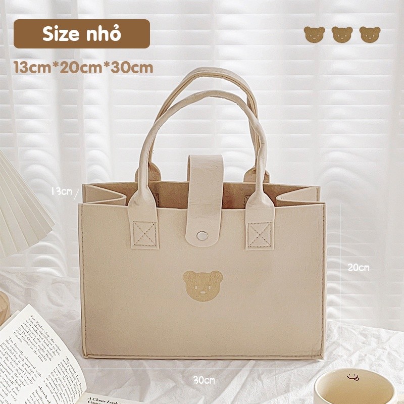 Túi vải quai xách hình Gấu T02 dễ thương, 1 ngăn có khuy bấm thời trang xách đi học, đi chơi du lịch