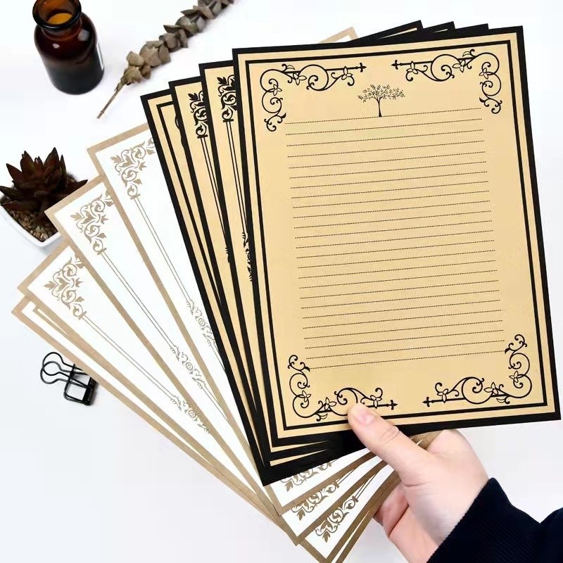 Tập 8 tờ giấy kraft có dòng viết thư, bưu thiếp chúc mừng TH18 khung viền cổ điển trang trí sổ tay