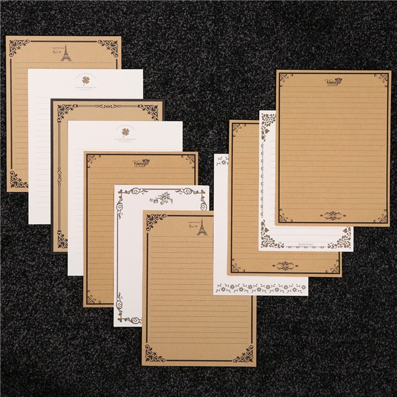 Tập 8 tờ giấy kraft có dòng viết thư, bưu thiếp chúc mừng TH18 khung viền cổ điển trang trí sổ tay