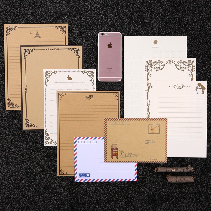 Tập 8 tờ giấy kraft có dòng viết thư, bưu thiếp chúc mừng TH18 khung viền cổ điển trang trí sổ tay