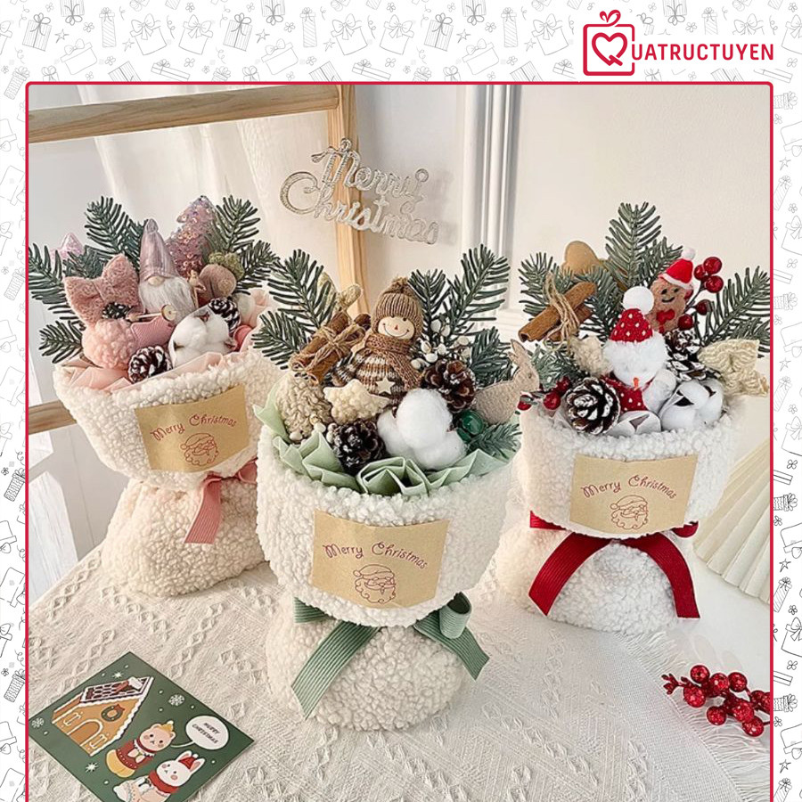 Bó hoa bông cành thông người tuyết Noel, quà tặng "bạn gái" Giáng sinh ấm áp kèm đèn và túi