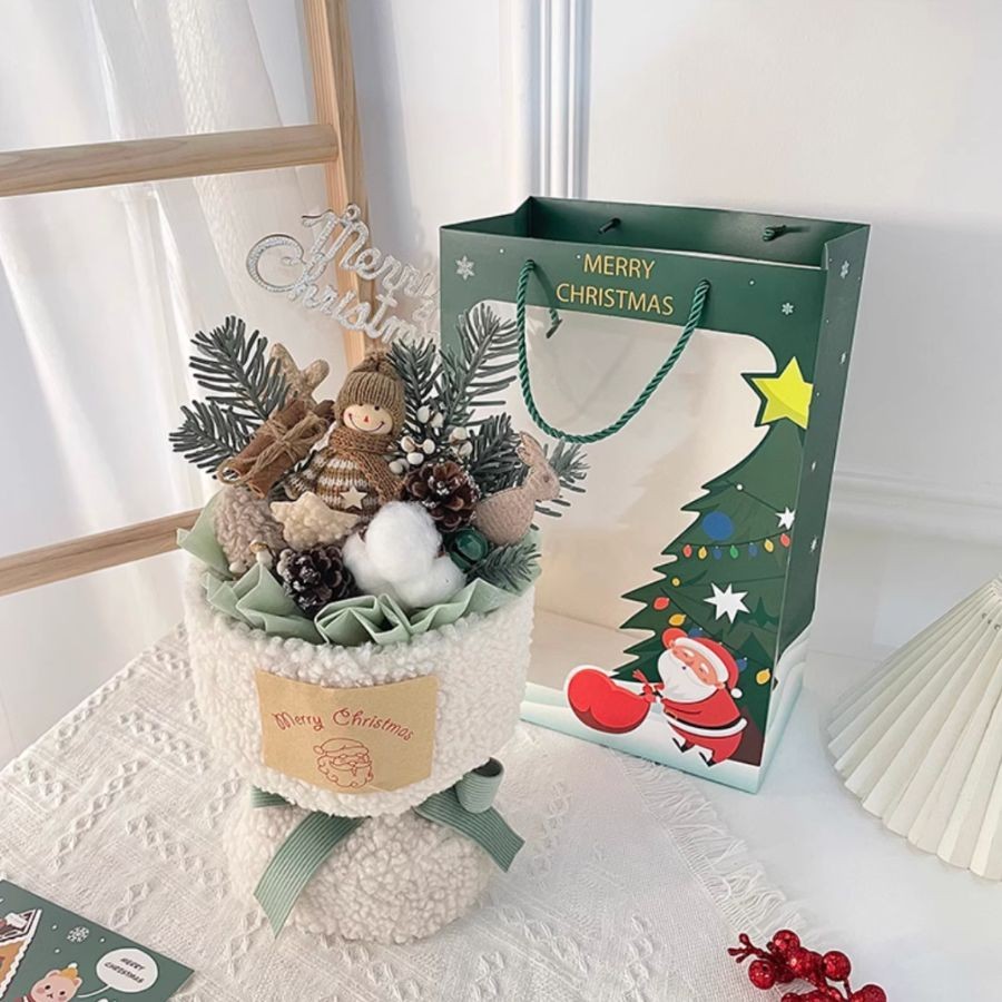Bó hoa bông cành thông người tuyết Noel, quà tặng "bạn gái" Giáng sinh ấm áp kèm đèn và túi