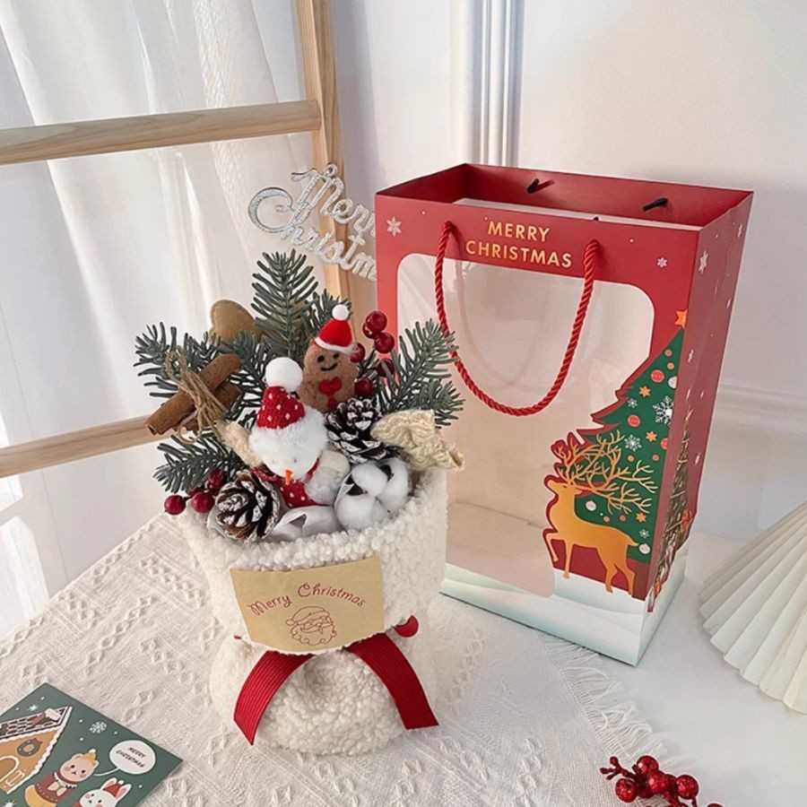 Bó hoa bông cành thông người tuyết Noel, quà tặng "bạn gái" Giáng sinh ấm áp kèm đèn và túi