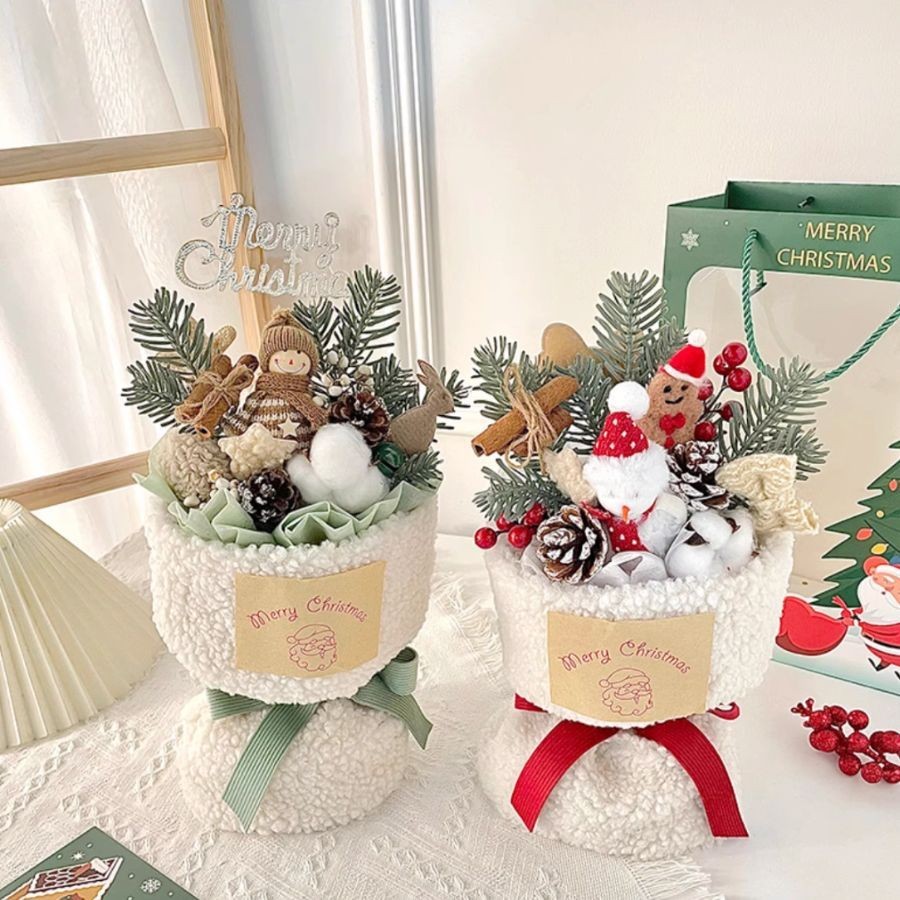 Bó hoa bông cành thông người tuyết Noel, quà tặng "bạn gái" Giáng sinh ấm áp kèm đèn và túi
