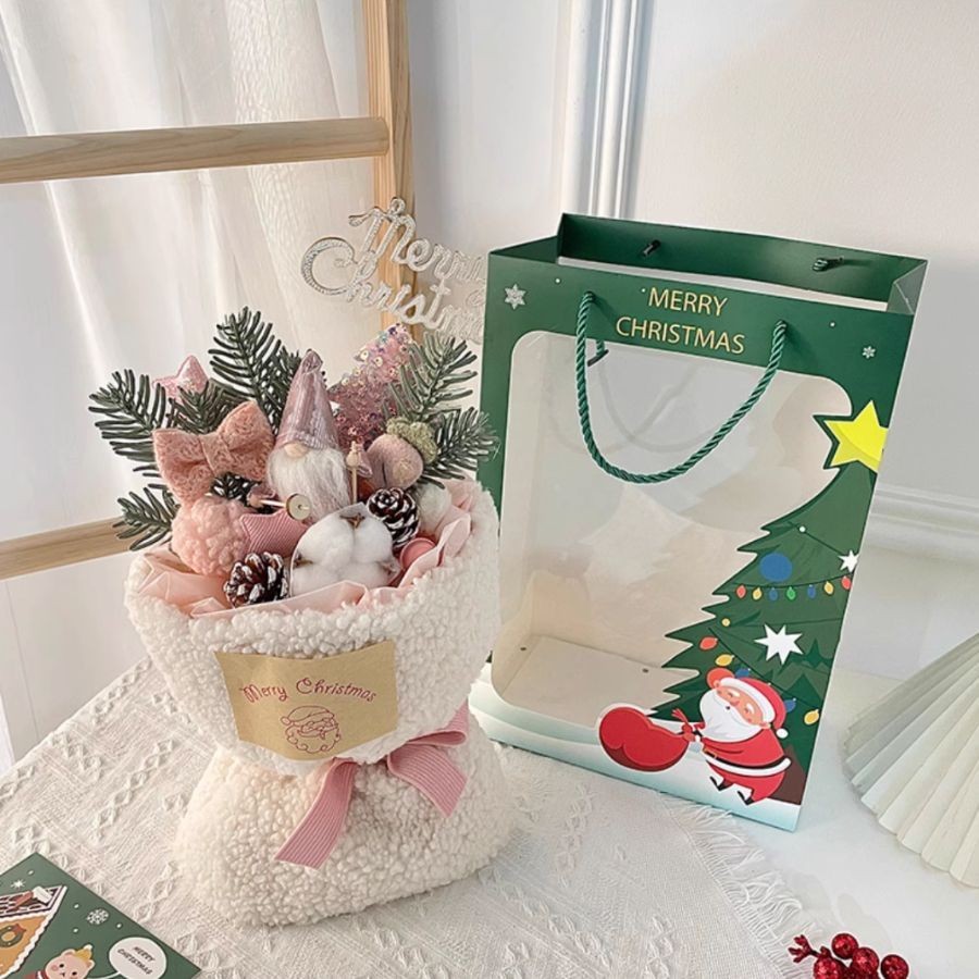 Bó hoa bông cành thông người tuyết Noel, quà tặng "bạn gái" Giáng sinh ấm áp kèm đèn và túi