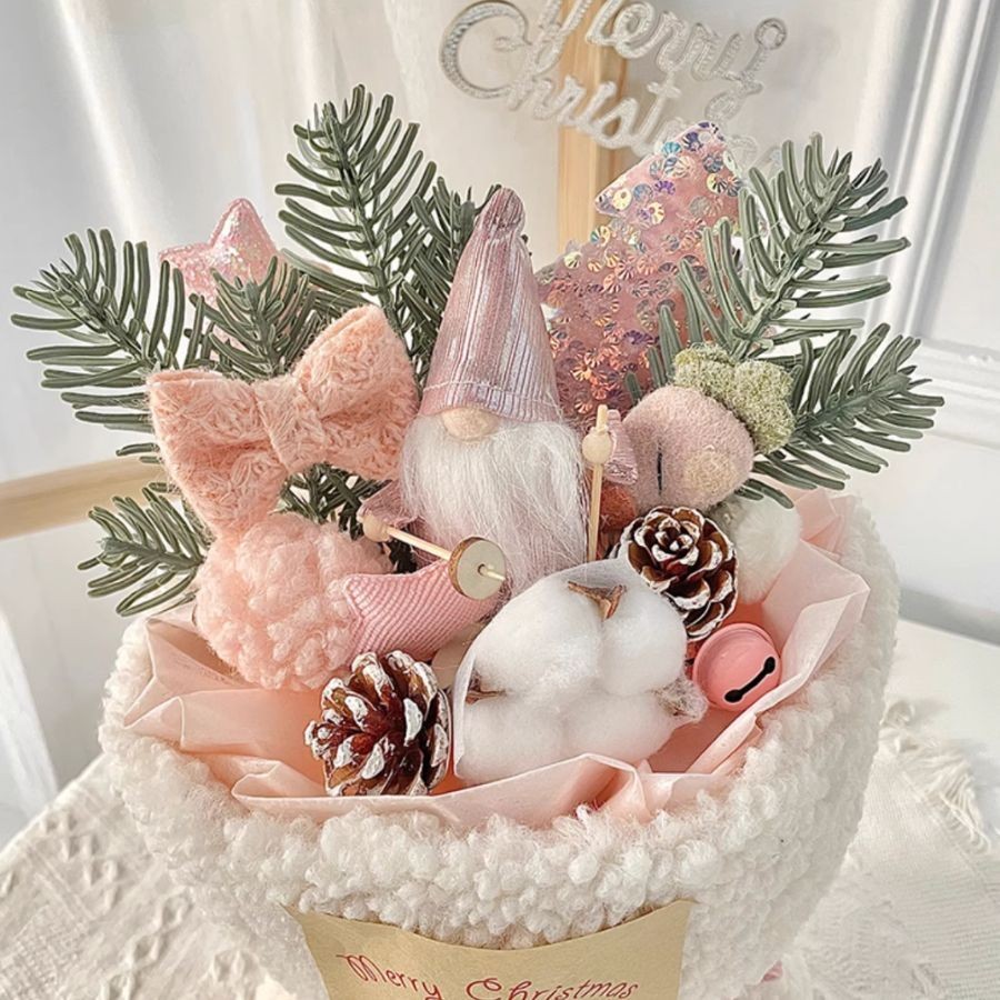 Bó hoa bông cành thông người tuyết Noel, quà tặng "bạn gái" Giáng sinh ấm áp kèm đèn và túi