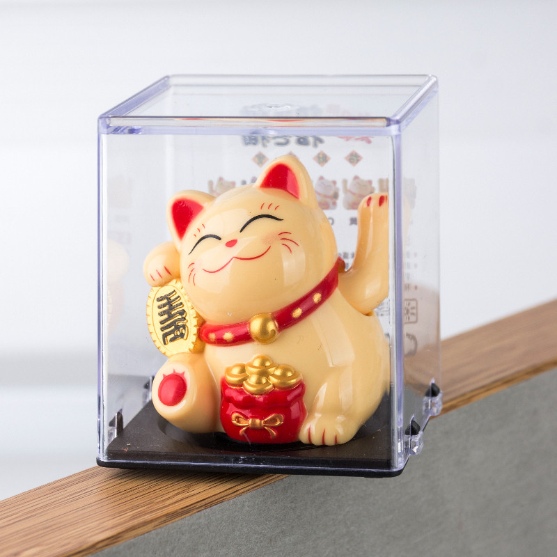 Mèo vẫy tay năng lượng mặt trời hộp kính Phát Lộc, mèo thần tài không dùng pin để  ô tô, cửa hàng
