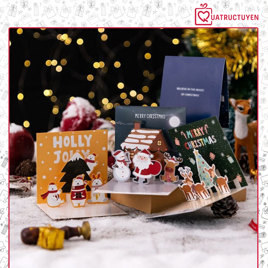 Thiệp Giáng sinh 3D kèm bao TH05, thiệp biểu tượng Noel, cây thông, tuần lộc chúc mừng ngày lễ