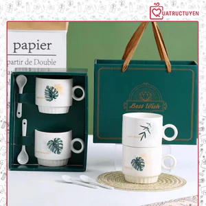 Bộ quà tặng người yêu Valentine đôi cốc sứ lá cây Tropical kèm hộp đựng tặng bạn bè, đồng nghiệp